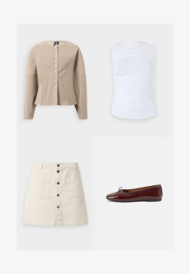 Béžový pletený kardigan s kulatým výstřihem, zapínáním na knoflíky vpředu a dlouhými rukávy. Texturovaná látka s jemným vzorem.; Bílý bezrukávový top vyrobený z hladkého, elastického materiálu s nabranými detaily po stranách, s kulatým výstřihem a těsným střihem.; Béžová kordurová mini sukně s předním zapínáním na knoflíky, dvěma velkými našitými kapsami a poutky na opasek v pase.; Burgundské lakové baleríny s kulatou špičkou, malou mašlí vpředu a nízkou černou gumovou podrážkou. Hladký povrch.
