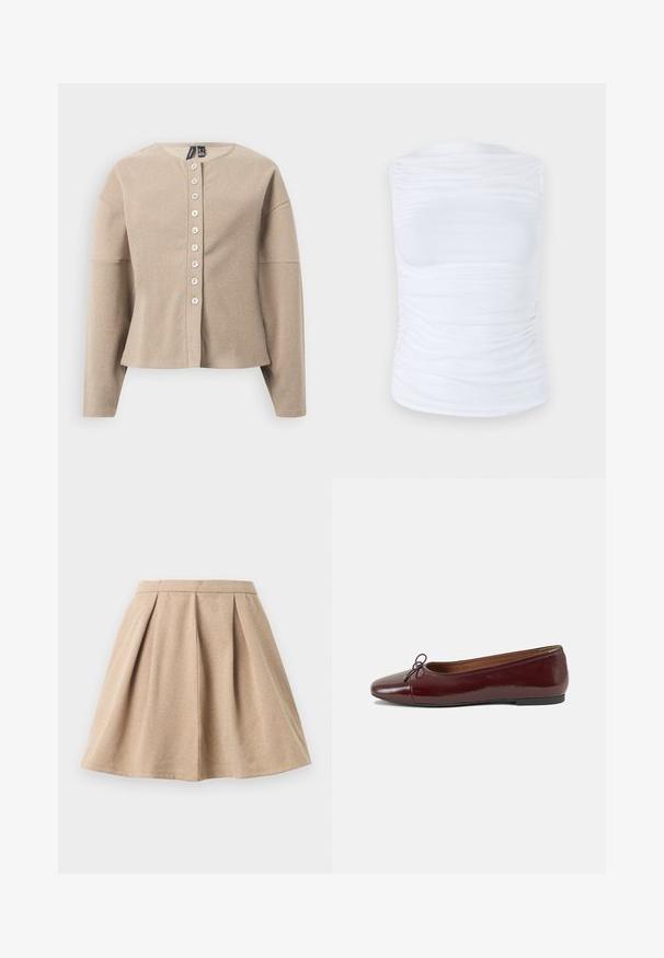 Cardigan bej tricotat cu decolteu rotund, prevăzut cu închidere cu nasturi pe partea din față și mâneci lungi. Material texturat cu un model subtil.; Top alb fără mâneci, fabricat dintr-un material neted și elastic, cu detalii pliate pe laturi, având un decolteu rotund și o siluetă ajustată.; Fustă plisată bej, realizată dintr-un țesătură texturată, având un brâu ajustat și un design evazat care se extinde până la lungimea coapsei.; Balerini din piele patent burgund cu vârful rotund, accent de fundiță mică în față și talpă joasă din cauciuc negru. Textură netedă.