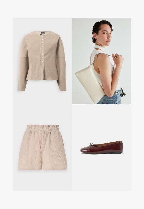Bézs kötött kardigán kerek nyakkivágással, gombos elejű és hosszú ujjú. Texturált anyag finom mintával.; Fehér, ujjatlan felső sima, rugalmas anyagból, az oldalakon redőzött részletekkel, kerek nyakkivágással és fitted sziluettel.; Világos bézs színű rövidnadrág gyűrött textúrával és rugalmas derékkal. A dizájn jellemzője a laza szabás, és nincsenek további részletek vagy minták.; Burgundi lakkbőr balettcipő kerek orral, elöl kis masni díszítéssel és alacsony, fekete gumi talppal. Simára csiszolt felület.; Fehér, téglalap alakú, fényes anyagból készült clutch táska, ezüst láncos pánttal. A modell pózol, bemutatva a táskát egy egyszínű háttér előtt.