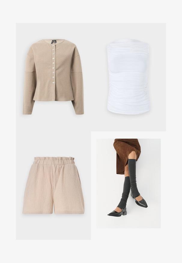 Cardigã bege de malha com decote redondo, apresenta uma frente com botões e mangas compridas. Tecido texturizado com um padrão subtil.; Top branco sem mangas feito de um tecido liso e elástico, com detalhes franzidos nas laterais, apresentando um decote redondo e uma silhueta justa.; Calções bege claro com uma textura amarrotada e um cós elástico. O design apresenta um corte folgado e sem detalhes ou padrões adicionais.; Sapatos pretos de pele lacada com biqueira pontuda, salto bloco e tiras no tornozelo, combinados com caneleiras cinzas em malha e uma saia de camurça castanha.