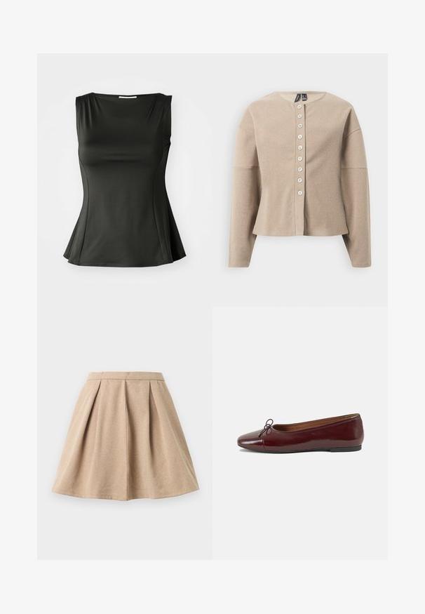 Beige Strickcardigan mit rundem Ausschnitt, vorne mit Knöpfen zu schließen und langen Ärmeln. Strukturierter Stoff mit einem dezenten Muster.; Schwarzes ärmelloses Oberteil aus glattem, dehnbarem Stoff; es verfügt über einen ausgestellten Saum und einen Rundhalsausschnitt, der eine figurbetonte, aber entspannte Silhouette bietet.; Beige plissierter Rock aus strukturiertem Stoff, mit einem figurbetonten Bund und einem ausgestellten Design, das bis zur Mitte des Oberschenkels reicht.; Burgunderfarbenes, lackiertes Ballettschuh mit abgerundetem Zehenbereich, kleiner Schleifenakzent vorne und einer niedrigen, schwarzen Gummisohle. Glatte Textur.
