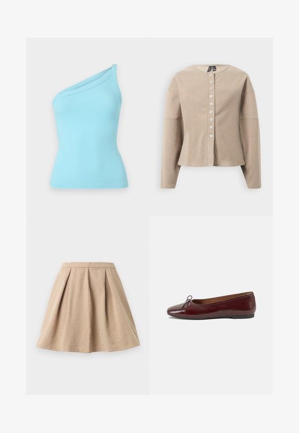 Bež pletena jopa z okroglim izrezom, z gumbi na sprednji strani in dolgimi rokavi. Teksturirano blago z nežnim vzorcem.; Svetlo modra rebrasta majica brez naramnic z enostranskim dizajnom in gladko teksturo. Elastičen material zagotavlja prilegajočo silhueto.; Tan plisirana krila iz teksturiranega blaga, ki ima prilegajoč pas in razširjeno obliko, ki sega do dolžine sredine stegen.; Burgundska patenti usnjeni baletni čevlji z zaobljenim prstom, majhnim lokom na sprednji strani in nizkim črnim gumijastim podplatom. Gladka tekstura.