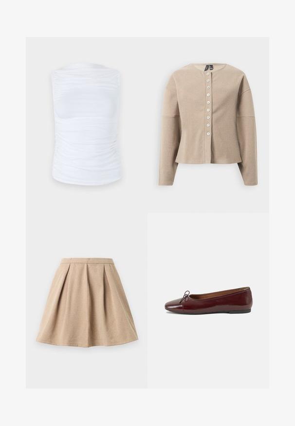Cardigan beige lavorato a maglia con scollo tondo, caratterizzato da una chiusura frontale con bottoni e maniche lunghe. Tessuto strutturato con un motivo sottile.; Top bianco senza maniche realizzato in un tessuto morbido ed elastico, con dettagli arricciati lungo i lati, dotato di scollatura rotonda e silhouette aderente.; Gonna plissettata color tan realizzata in tessuto testurizzato, con una vita aderente e un design svasato che arriva fino a metà coscia.; Ballerine in pelle verniciata bordeaux con punta arrotondata, piccolo fiocco decorativo sulla parte anteriore e suola bassa in gomma nera. Texture liscia.