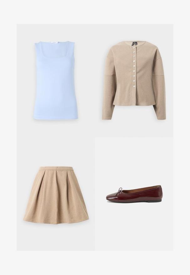 Bež pletena jopa z okroglim izrezom, z gumbi na sprednji strani in dolgimi rokavi. Teksturirano blago z nežnim vzorcem.; Svetlo modra brezrokavna majica s kvadratnim izrezom, izdelana iz gladkega materiala, z oprijetim krojem in minimalistično silhueto.; Tan plisirana krila iz teksturiranega blaga, ki ima prilegajoč pas in razširjeno obliko, ki sega do dolžine sredine stegen.; Burgundska patenti usnjeni baletni čevlji z zaobljenim prstom, majhnim lokom na sprednji strani in nizkim črnim gumijastim podplatom. Gladka tekstura.