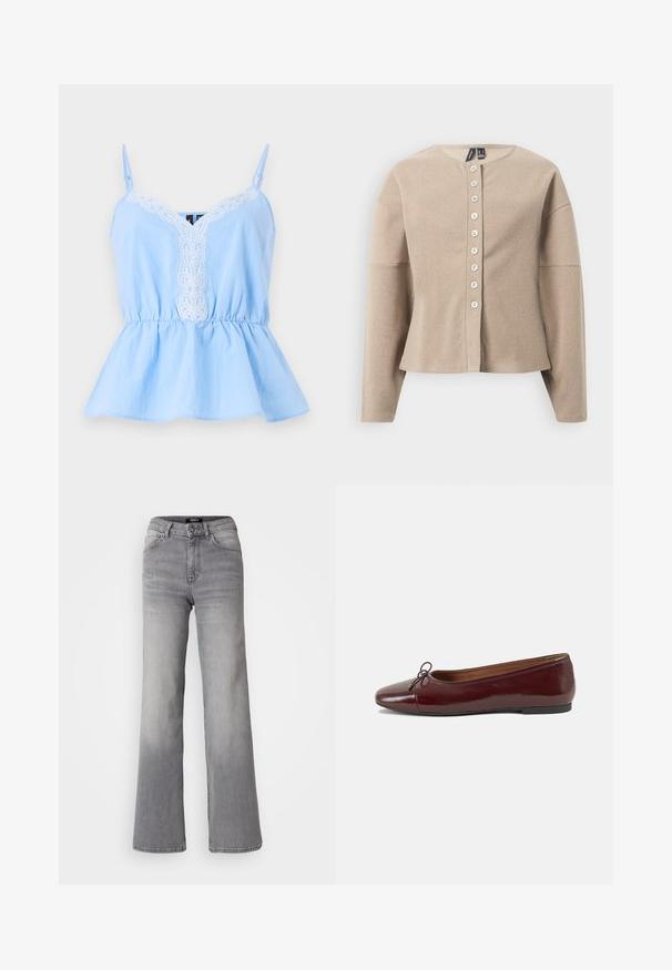Bež pletena jopa z okroglim izrezom, z gumbi na sprednji strani in dolgimi rokavi. Teksturirano blago z nežnim vzorcem.; Svetlo modra top brez rokavov z V-izrezom, ki ima belo vezenje ob sprednjem delu in elastičen pas za razširjeno silhueto.; Visoko pasu naravnost krojene sivo denim hlače z gumbom in zadrgo spredaj, sprednjimi in zadnjimi žepe ter zbledelim odtenkom na stegen in tele. ; Burgundska patenti usnjeni baletni čevlji z zaobljenim prstom, majhnim lokom na sprednji strani in nizkim črnim gumijastim podplatom. Gladka tekstura.