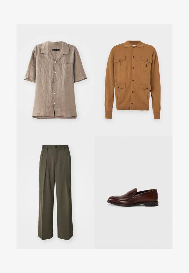Brūns kardigans ar apkakles kaklu, divām priekšējām kabatām, četriem pogu aizdariem un ribotām piedurknēm. Mīksta tekstūra, ikdienišķa piegriezuma dizains.; Kratka piedurkņu lina krekls gaiši brūnā krāsā ar apkakli, priekšējo kabatu un pogu slēgšanu. Mīksta tekstūra ar dabīgu audumu rakstu.; Filippa K WIDE TROUSERS - Auduma bikses - driftwood; Brūni ādas loaferi ar noapaļotu purngalu, priekšējo siksniņu un zemu krautu papēdi. Gluda tekstūra ar minimāliem dekoratīviem akcentiem.