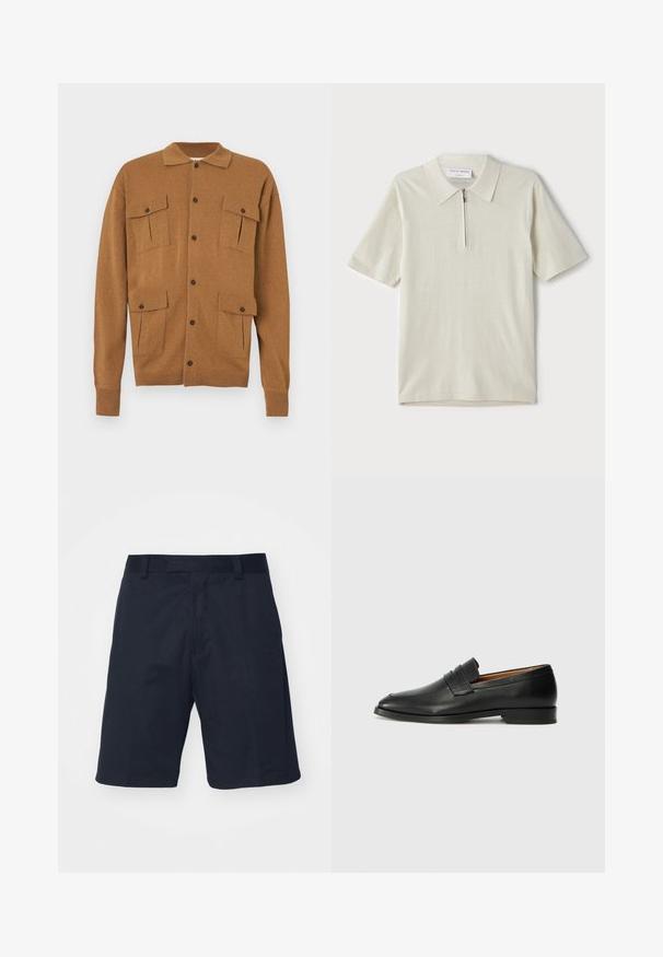 Hnedý kardigán s golierom, dvoma prednými vreckami, štyrmi gombíkmi a rebrovanými manžetami. Mäkká textúra, voľný strih.; Polo tričko s krátkymi rukávmi v svetlom béžovom odtieni so zipsom pri golieri. Vyrobené z hladkej látky, má jednoduchý, moderný dizajn bez vzorov.; Čierne šortky vyrobené z hladkého materiálu, s plochým predným dielom, pútkami na opasok a dĺžkou po kolená, bez viditeľných vzorov alebo kovových prvkov.; Čierne kožené mokasíny s okrúhlou špičkou, jemným prešitím a nízkym podpätkom, s hladkou textúrou a minimalistickým dizajnom.