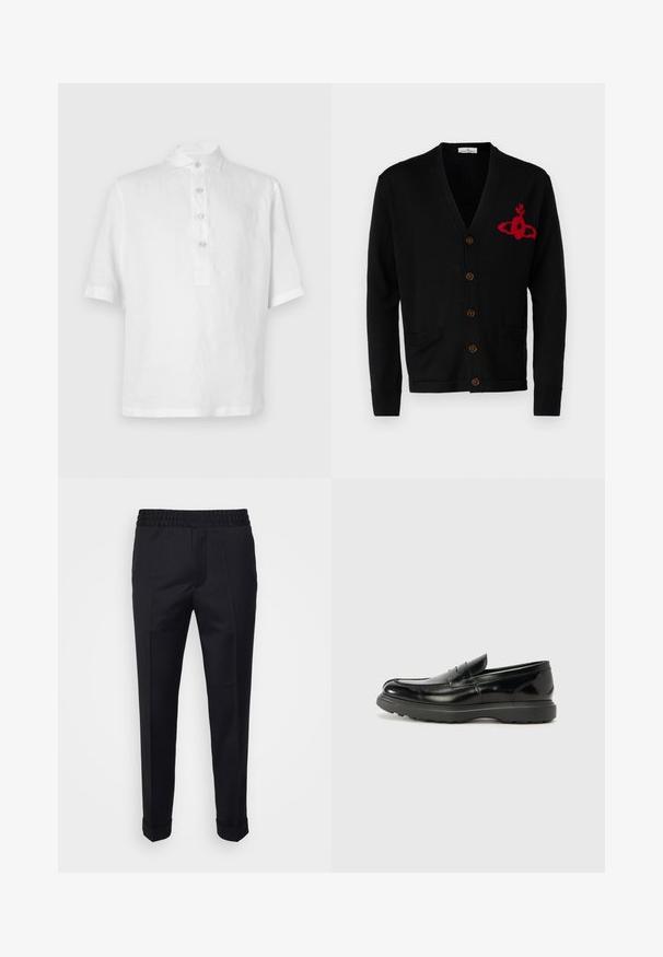 Vivienne Westwood ALEX CARDIGAN UNISEX - Neuletakki - black; Valkoinen lyhythihainen poolopaita, joka on valmistettu pellavasta. Ominaisuuksiin kuuluu napitettu läppä, perinteinen kaulus ja rento istuvuus. Sujuva, kevyt rakenne.; Mustat housut, jotka on valmistettu kevyestä kankaasta, jossa on joustava vyötärö, sivutaskut ja käännetyt hihansuut. Sileä pinta, jossa on etupleatit.; Mustat nahkakengät, joissa on kiiltävä pinta, pyöreä kärki, huomaamaton ompelu ja paksu kumipohja kestävyyttä varten.