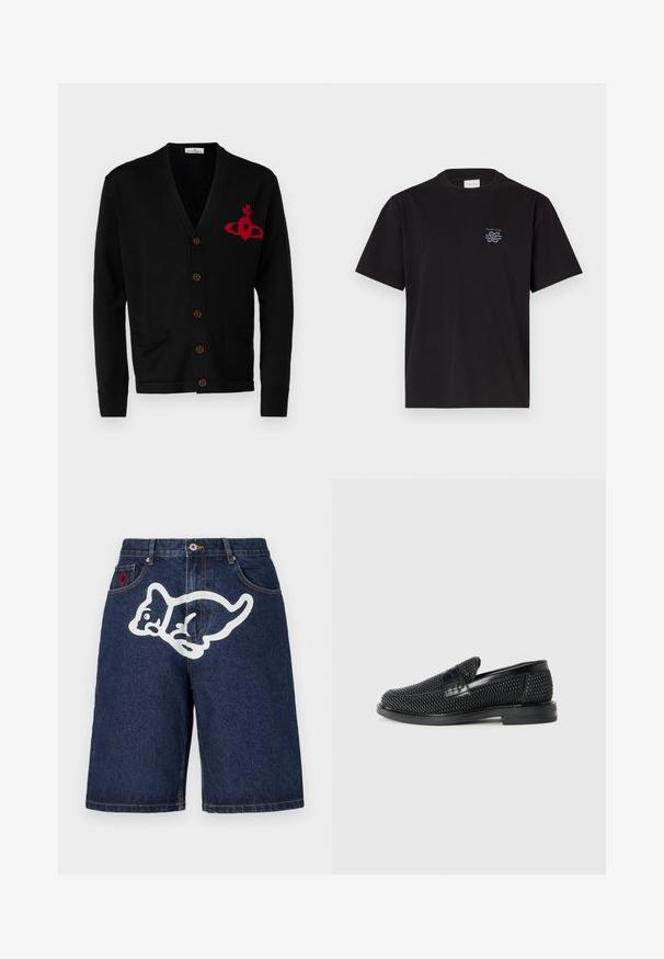 Vivienne Westwood ALEX CARDIGAN UNISEX - Kardigán - black; Fekete pamut póló kerek nyakkal és rövid ujjakkal. Bal mellen egy kis kék logó található. Egyszerű, egyenes szabású dizájn.; Icecream RUNNING PUPPY - Farmer rövidnadrágok - indigo; Fekete szőtt slip-on cipő sima bőr díszítéssel a felsőrészen, kerek orral és alacsony profilos gumitalppal.