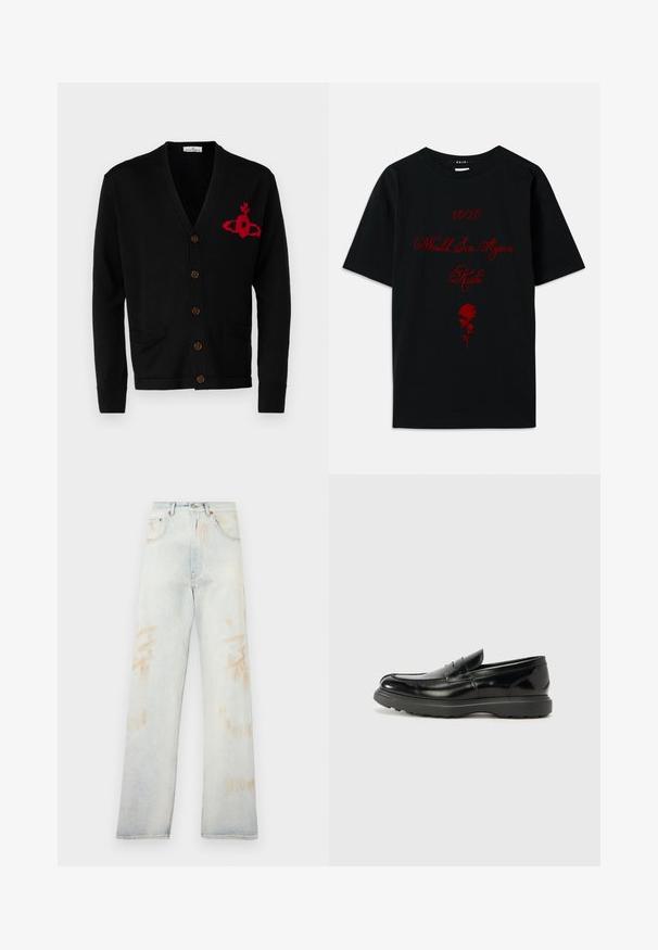 Vivienne Westwood ALEX CARDIGAN UNISEX - Jopica - black; Črna bombažna majica s kratkimi rokavi z rdečim napisom: "10/10 Ponovno bi grešil" in grafiko vrtnice. Preprost kroj s krožnim izrezom.; Svijetloplave traperice sa visokim strukom, širokim nogavicama i sitnim poderanim dijelovima. Imaju tradicionalni dizajn sa pet džepova i metalne detalje.; Črne usnjene loafer čevlje z sijajno obdelavo, okroglo špico, subtilnimi šivi in debelim gumijastim podplatom za trajnost.