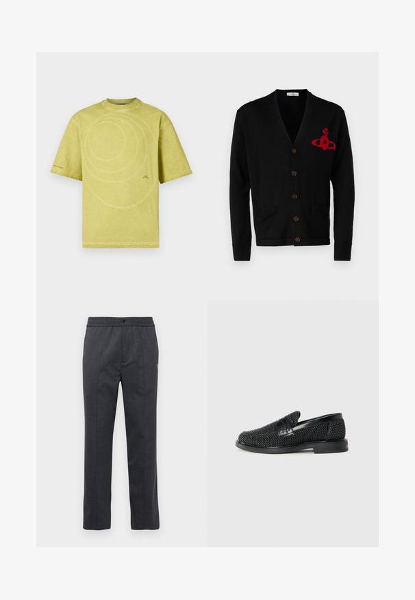 Vivienne Westwood ALEX CARDIGAN UNISEX - Adīta jaka - black; Gaišdzeltena kokvilnas t-krekls ar apaļu izgriezumu, īsām piedurknēm un spiralveida diegu rakstu priekšpusē. Minimāla zīmola identifikācija apakšā.; Tumši pelēki taisni bikses ar elastīgu jostu, priekšējo podziņu aizdari un smalkām izšūtām detaļām labajā pusē.; Melnas austas slaidu kurpes ar gludu ādas akcentu augšpusē, apaļas formas purngalu un zemas profila gumijas zoli.