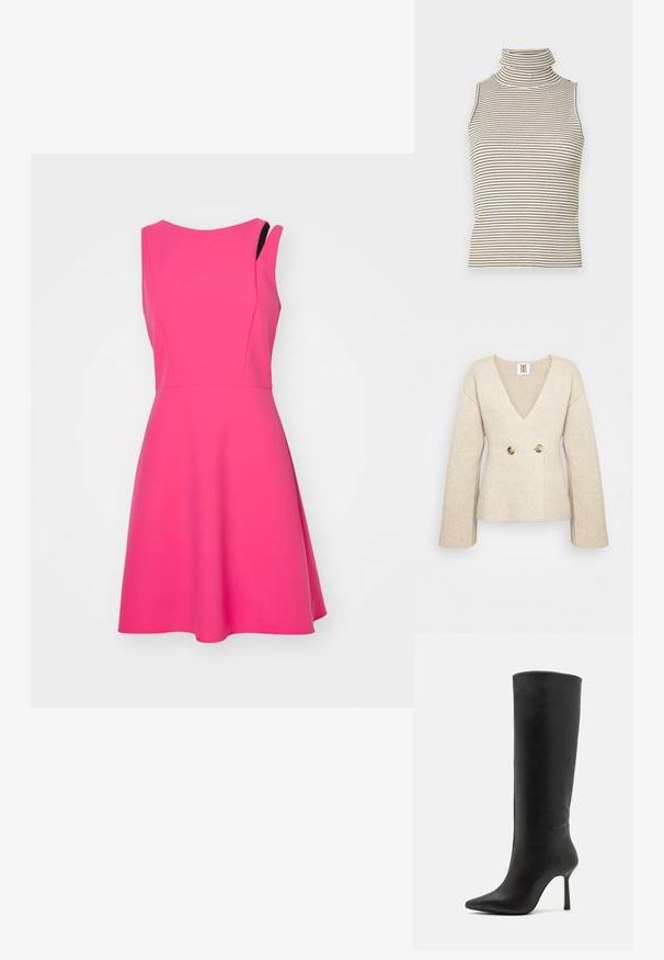 Maglione beige lavorato a maglia con profondo scollo a V, maniche lunghe e vita aderente, impreziosito da due grandi bottoni rotondi sul davanti.; Un abito rosa senza maniche con un corpo aderente e una gonna svasata. Realizzato in tessuto morbido, presenta un delicato design asimmetrico sulla spalla.; Top senza maniche a collo alto con righe verticali bianche e nere, realizzato in un tessuto a maglia testurizzato e dotato di un colletto alto e aderente.; HUGO KATNISS BOOT - Stivali alti - black