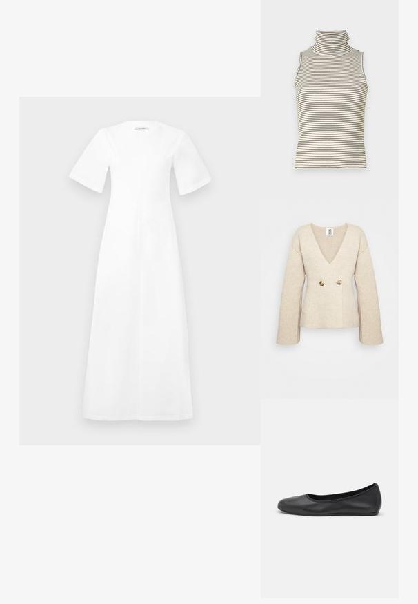 Krémový pletený svetr s hlubokým výstřihem do V, dlouhými rukávy a přiléhavým pasem, který vpředu má dva velké kulaté knoflíky.; Bíl dress s délkou ke kolenům, krátkými rukávy, kulatým výstřihem a volným střihem, vyrobený z hladké látky bez viditelných vzorů nebo akcentů.; Top bez rukávů s vysokým, těsným rolákem a vertikálními černobílými pruhy, vyrobený z texturované pleteniny.; Černé kožené baletní byty s kulatou špičkou, hladkou texturou, minimálními švy a flexibilním designem podrážky.