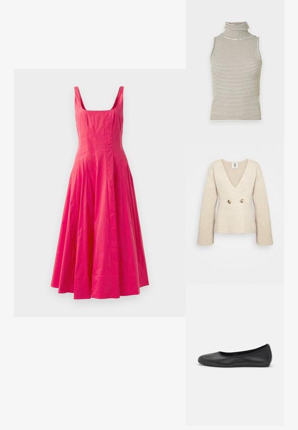 Bēša adīta džemperis ar dziļu V veida kakla izgriezumu, garām piedurknēm un piegulošu jostas daļu, kas priekšpusē rotāta ar divām lielām apaļām pogām.; Rozā bezpiedurkņu kleita ar kvadrātveida dekoltē un platām svārku daļām. Gluda tekstūra ar pietiekamu auduma savilkumu jostasvietā, radot apjomīgu siluetu.; Bez piedurknēm, augsta izgriezuma topiņš ar vertikālām melnbaltām svītrām, izgatavots no teksturēta adīta auduma, ar augstu, pieguļošu apkakli.; Melna ādas baleta kurpe ar noapaļotu purngalu, gludu tekstūru, minimālu šuvju detalizāciju un elastīgu zoles dizainu.; Melna rokas soma ar garām rakstainām siksnām, sānu kabatām un mazu metāla logotipu priekšpusē.