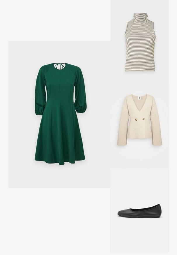 Beige gestrickter Pullover mit tiefem V-Ausschnitt, langen Ärmeln und taillierter Passform, die auf der Vorderseite zwei große runde Knöpfe aufweist.; Grünes Kleid mit langen Puffärmeln, rundem Ausschnitt und tailliertem Oberteil. Hergestellt aus weichem Stoff, der sanft von der Taille bis zum Saum ausgestellt ist.; Ärmelloses Rollkragenoberteil mit vertikalen schwarz-weißen Streifen, hergestellt aus einem strukturierten Strickstoff und mit einem hohen, eng anliegenden Kragen.; Schwarze Leder-Ballettschuhe mit abgerundeter Spitze, glatter Textur, minimalen Nähdetails und einem flexiblen Sohlen-Design.