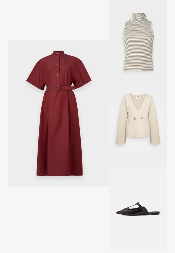 Beige gestrickter Pullover mit tiefem V-Ausschnitt, langen Ärmeln und taillierter Passform, die auf der Vorderseite zwei große runde Knöpfe aufweist.; Bordeauxrotes Baumwollkleid mit kurzen Ärmeln, hohem Kragen, vorderem Knopfverschluss und einem passenden Gürtel in der Taille, das eine gerade Silhouette hat.; Ärmelloses Rollkragenoberteil mit vertikalen schwarz-weißen Streifen, hergestellt aus einem strukturierten Strickstoff und mit einem hohen, eng anliegenden Kragen.; Schwarzer Leder-Slingback-Schuh mit spitzem Zehenbereich, ausgestattet mit einem geflochtenen Akzent und einem gefalteten Oberdesign. Flache Sohle mit minimalem Zubehör.