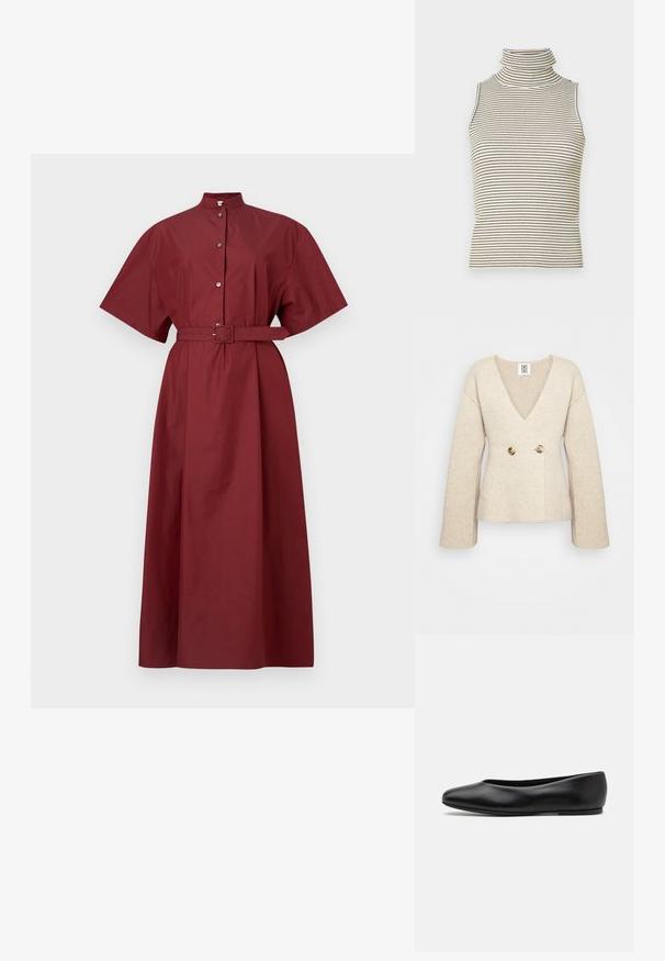 Beige gestrickter Pullover mit tiefem V-Ausschnitt, langen Ärmeln und taillierter Passform, die auf der Vorderseite zwei große runde Knöpfe aufweist.; Bordeauxrotes Baumwollkleid mit kurzen Ärmeln, hohem Kragen, vorderem Knopfverschluss und einem passenden Gürtel in der Taille, das eine gerade Silhouette hat.; Ärmelloses Rollkragenoberteil mit vertikalen schwarz-weißen Streifen, hergestellt aus einem strukturierten Strickstoff und mit einem hohen, eng anliegenden Kragen.; Paul Smith TOPANGA - Klassischer Ballerina - black; Braune Leder-Handtasche in Halbmondform mit schwarzen MCM-Logos, goldenen Kettendetails und verstellbarem Schultergurt auf weißem Hintergrund.