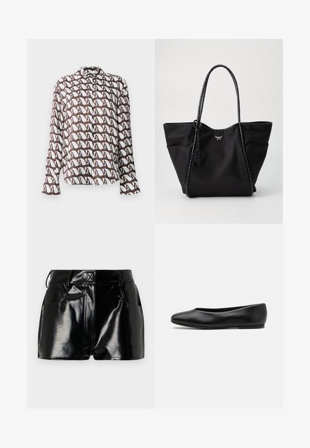 Beige gestrickter Pullover mit tiefem V-Ausschnitt, langen Ärmeln und taillierter Passform, die auf der Vorderseite zwei große runde Knöpfe aufweist.; Langarmhemd in Weiß mit einem braunen abstrakten Muster. Mit Kragen und Knopfleiste. Glattes Material mit einer lässigen Passform.; Ärmelloses Rollkragenoberteil mit vertikalen schwarz-weißen Streifen, hergestellt aus einem strukturierten Strickstoff und mit einem hohen, eng anliegenden Kragen.; Schwarze, glänzende Shorts aus synthetischem Material. Mit einem taillierten Bund, Gürtelschlaufen und vorderen Taschen mit auffälligen Nähdetails.; Paul Smith TOPANGA - Klassischer Ballerina - black; Schwarze Tragetasche mit langen gemusterten Griffen, Seitentaschen und einem kleinen metallischen Logo in der Mitte vorne.