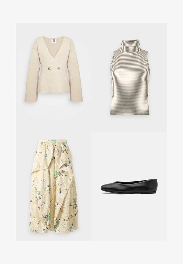 Beige strikket sweater med dyb V-hals, lange ærmer og et tætsiddende talje med to store runde knapper fortil.; Ærmeløs turtleneck-top med lodrette sorte og hvide striber, lavet af en struktureret strikket stof, med en høj, tætsiddende krave.; Blomstrete maxi nederdel i krøllet gul stof, med grønne og blå blomster mønstre, en høj talje og lagdelte volanger for volumen.; Paul Smith TOPANGA - Ballerinasko - black
