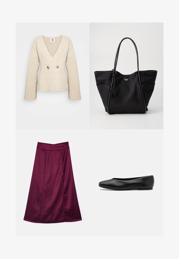 Vaaleanbeige neulepusero, jossa on syvä V-pääntie, pitkät hihat ja istuva vyötärö, edessä kaksi suurta pyöreää nappia.; Hihaton poolopaita, jossa on pystysuorat mustat ja valkoiset raidat, valmistettu teksturoidusta neulekankaasta, ja siinä on korkea, tiukka kaulus.; Burgundy satiinisesta A-linjainen hame, jossa on sileä pinta, hienovarainen kiilto, korkea vyötärö ja takana vetoketju.; Paul Smith TOPANGA - Ballerinat - black; Musta olkalaukku, jossa on pitkät kuvioidut kahvat, sivutaskut ja pieni metallilogo etuosa keskellä.