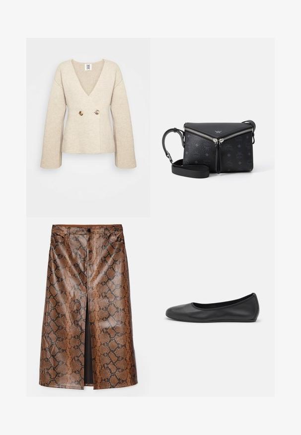 Beige kötött pulóver mély V-nyakkal, hosszú ujjal és szabott derékkal, elöl két nagy, kerek gombbal.; Ujjatlan garbó felső, függőleges fekete és fehér csíkokkal, texturált kötött anyagból készült, magas, szoros gallérral.; Barna kígyómintás midi szoknya fényes, texturált anyagból, elöl hosszanti résvágással és hagyományos farmerzsebekkel.; Fekete bőr balettcipő lekerekített orral, sima tekstúrával, minimális varrással és rugalmas talp kialakítással.; Fekete bőr keresztpántos táska ezüst V-alakú cipzárral, emboszált logó mintával és állítható pánttal fehér háttérrel.