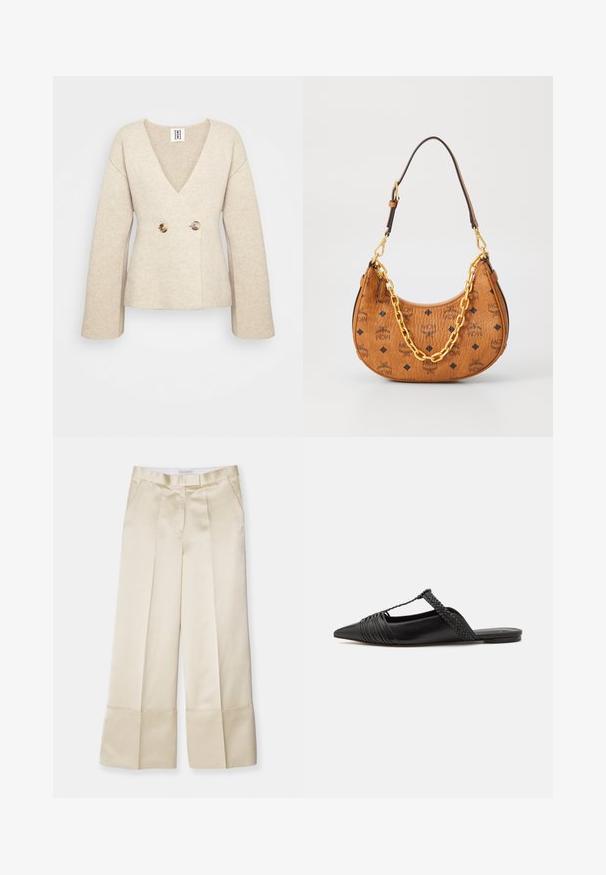 Beige knitted sweater with a deep V-neck, long sleeves, and a fitted waist featuring two large round buttons at the front.; Sleeveless turtleneck top with vertical black and white stripes, made of a textured knit fabric, featuring a high, snug collar.; Beige wide-leg trousers in smooth fabric with a high waistband, pleated front, and folded hem, featuring side pockets and a clean finish.; Black leather slingback shoe with a pointed toe, featuring a woven accent and pleated upper design. Flat sole with minimal hardware.; Brown leather crescent-shaped handbag with black MCM logos, gold chain detail, and adjustable shoulder strap on white background.
