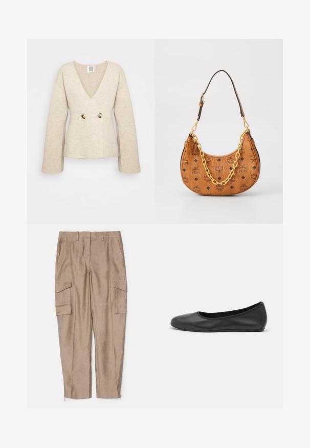 Beige knitted sweater with a deep V-neck, long sleeves, and a fitted waist featuring two large round buttons at the front.; Sleeveless turtleneck top with vertical black and white stripes, made of a textured knit fabric, featuring a high, snug collar.; Beige cargo pants featuring a relaxed fit, multiple side pockets, and zip accents at the ankle. Made from a lightweight texture.; Black leather ballet flat with a rounded toe, smooth texture, minimal stitching detail, and a flexible sole design.; Brown leather crescent-shaped handbag with black MCM logos, gold chain detail, and adjustable shoulder strap on white background.