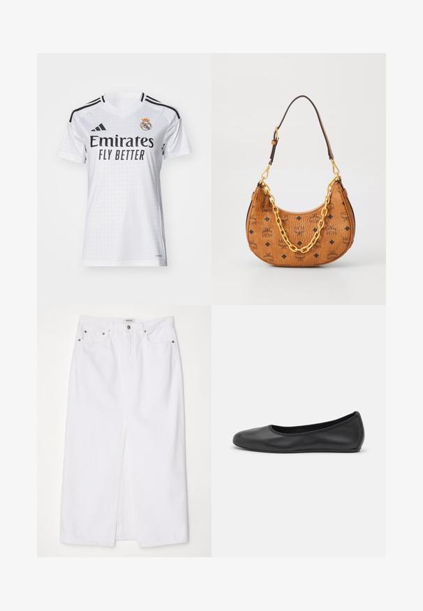 Beżowy sweter dziany z głębokim dekoltem w serek, długimi rękawami i dopasowaną talią, z dwoma dużymi okrągłymi guzikami z przodu.; adidas Performance REAL MADRID biały; Biała spódnica dżinsowa z rozcięciem z przodu, pięcioma kieszeniami, metalowym guzikiem oraz zapięciem na zamek błyskawiczny, a także z haftowanymi detalami na hemie.; Czarne skórzane baletki z zaokrąglonym noskiem, gładką fakturą, minimalnymi przeszyciami i elastycznym designem podeszwy.; Brązowa skórzana torebka w kształcie półksiężyca z czarnymi logo MCM, złotym detalem łańcucha i regulowanym paskiem na ramie na białym tle.