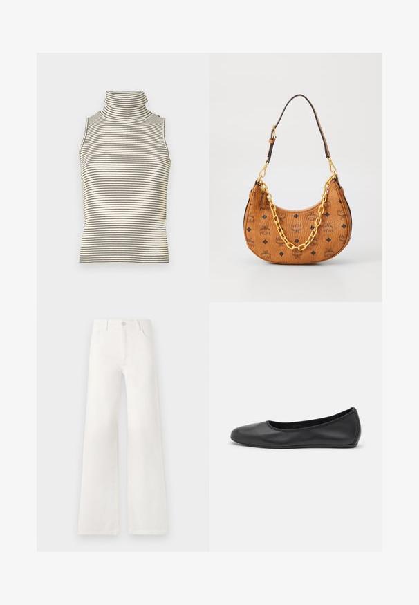 Beige knitted sweater with a deep V-neck, long sleeves, and a fitted waist featuring two large round buttons at the front.; Sleeveless turtleneck top with vertical black and white stripes, made of a textured knit fabric, featuring a high, snug collar.; White, high-waisted wide-leg jeans made of denim. Features a button closure, two front pockets, and side seams with stitching details.; Black leather ballet flat with a rounded toe, smooth texture, minimal stitching detail, and a flexible sole design.; Brown leather crescent-shaped handbag with black MCM logos, gold chain detail, and adjustable shoulder strap on white background.