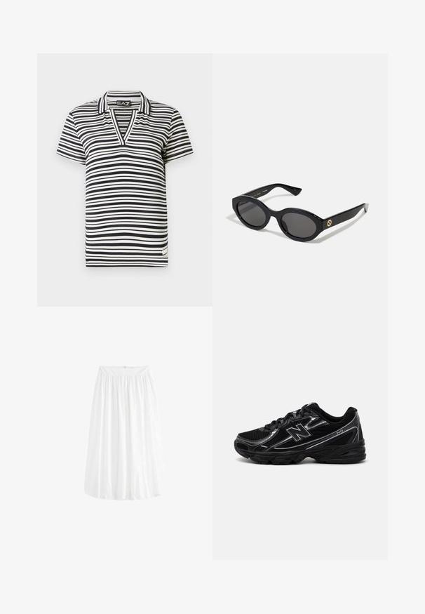 Beżowy sweter dziany z głębokim dekoltem w serek, długimi rękawami i dopasowaną talią, z dwoma dużymi okrągłymi guzikami z przodu.; Czarno-biała, w paski, krótka koszulka polo z dekoltem w serek, ribbowana tekstura i metka z logo na boku.; Biała spódnica do kolan wykonana z lekkiego materiału. Posiada elastyczny pas, który umożliwia dopasowanie, oraz miękkie drapowanie.; Czarna sportowa but z siateczkowym cholewką, srebrnymi akcentami, amortyzowaną podeszwą i sznurowanym zapięciem. Posiada zaokrąglony czubek i teksturowany bieżnik.; Czarne okulary przeciwsłoneczne w owalnym kształcie z ciemnymi szkłami i błyszczącą plastikową oprawką. Posiadają złote logo na zausznniku, co nadaje im elegancki i nowoczesny wygląd.