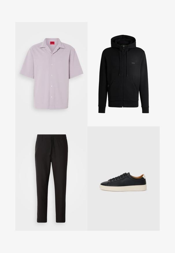 Črna zip-up kapuca iz mehkega materiala, ki ima kapuco, dva stranska žepa, rebraste manšete in minimalno blagovno znamko na prsih.; Svetlo vijolična majica s kratkimi rokavi, narejena iz teksturirane tkanine; ima gumbasto zapiranje spredaj in izušeno logotip v usklajeni barvi.; Črne jogger hlače iz gladkega blaga. Imajo elastičen pas z vrvico, zožane hlačnice in brez vidnih žepov. Enostaven dizajn.; Črne usnjene superge z gladko teksturo, bež gumijastim podplatom, zavezovalnim dizajnom in kontrastnim nagibom na peti.