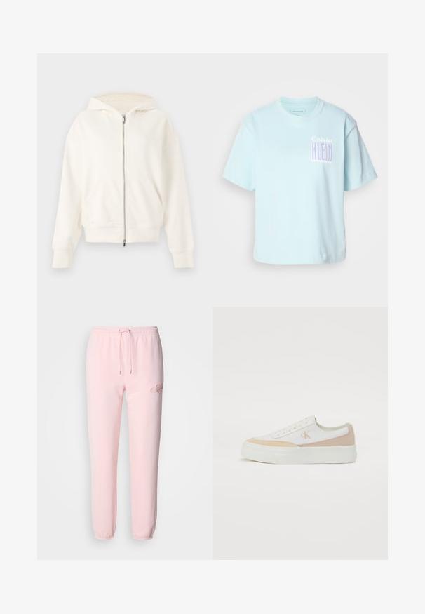 Witte zip-up hoodie met een trekkoordcapuchon, kangoeroezakken en geribde manchet. Zacht materiaal met een gladde textuur en een minimalistisch ontwerp.; Lichtblauw katoenen T-shirt met een ronde hals en korte mouwen. Heeft een grafisch ontwerp met "Calvin Klein" in paars op de voorkant.; Lichtroze sweatpants gemaakt van zacht materiaal, met een elastische tailleband met trekkoord, taps toelopende boorden en subtiele geborduurde logodetails.; Witte sneaker met lichtbeige accenten, bovenwerk van canvas, platte witte zool, ronde neus en geborduurd logo aan de zijkant.