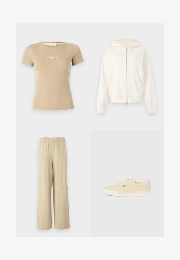 White zip-up hoodie with a drawstring hood, kangaroo pockets, and ribbed cuffs. Soft material with a smooth texture and minimalist design.; Beige ribbed short-sleeve t-shirt with a round neckline and white "guess jeans" logo on the front. Soft fabric texture.; Beige wide-leg pants with an elastic waistband and visible side seams. Made from soft fabric with a smooth texture.; Beige leather sneakers with a textured surface, white rubber sole, and a pastel pink heel accent. Minimalist design with logo detail.