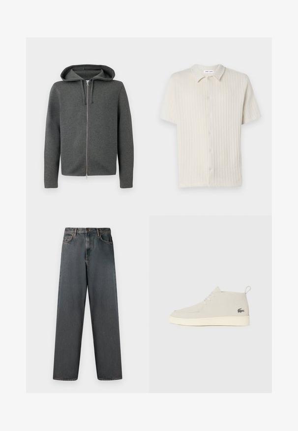 Grå hettegenser med glidelås, laget av myk stoff, med en glatt glidelås og lange ermer. Minimalistisk design, ingen synlige mønstre.; Kortermet skjorte med knapper i lys beige med et teksturert ribbet mønster og klassisk krage. Laget av myk, pustende stoff.; Mørk grå denim jeans med rette ben, fem lommer og knappe- og glidelås-lukking. Tøyet har subtil falming og søm.; Lys grå semsket ankelstøvler med rund tå, hvit gummisåle og subtil logo-detalj på siden. Har snøring.