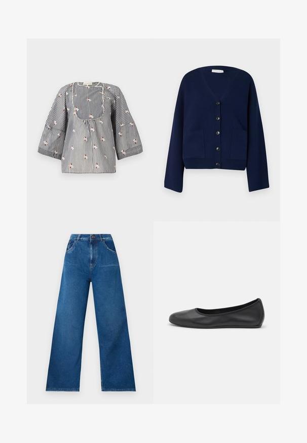 Navy blue knitted cardigan with a V-neck, six black buttons, and two front pockets. Features oversized sleeves and a cropped hem.; Striped blouse in blue and white with floral embroidery, round neckline, three-quarter sleeves, and a gathered bodice for a relaxed fit.; Wide-leg jeans in dark blue denim with a high waist, featuring front and back pockets, and contrast stitching details.; Black leather ballet flat with a rounded toe, smooth texture, minimal stitching detail, and a flexible sole design.