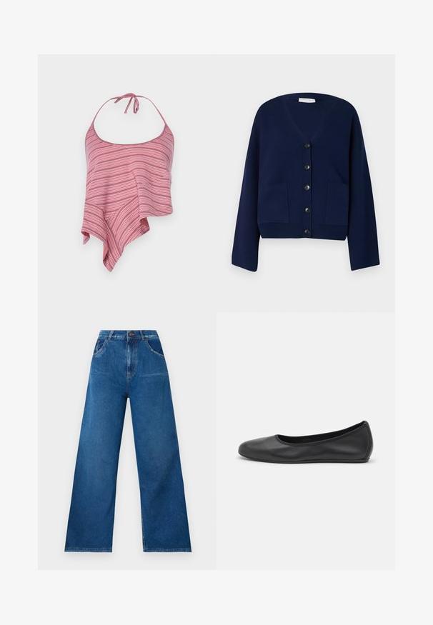 Navyblauwe gebreide cardigan met V-hals, zes zwarte knopen en twee voorzakken. Heeft oversized mouwen en een cropped zoom.; Gestreepte haltertop in roze en wit, met een vloeiende, asymmetrische ontwerp en een striksluiting om de hals. Zacht, lichtgewicht materiaal.; Brede pijpen jeans in donkerblauwe denim met een hoge taille, voorzien van voor- en achterzakken, en contrasterende stikseldetails.; Zwarte leren ballerina met een ronde neus, gladde textuur, minimale stikdetails en een flexibele zoolontwerp.