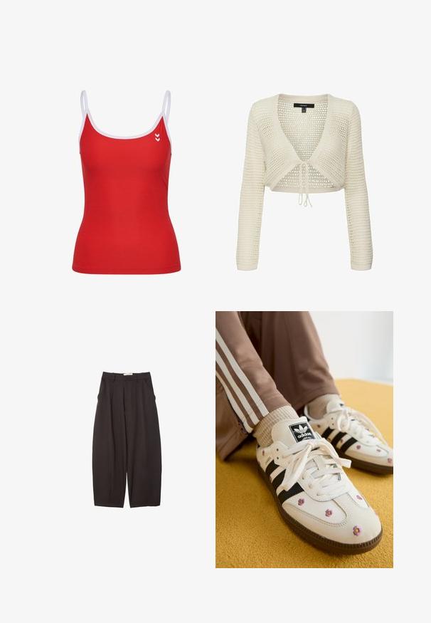 Gekürzter Creme-Pullover mit einem strukturierten, offenen Strickdesign, V-Ausschnitt, langen Ärmeln und einer Kordelzugschließung an der Taille.; Rotes Tanktop mit weißen Trägern, sportlicher Schnitt und Logodetail auf der linken Brust. Glatte Textur, sportlicher Stil.; Schwarze weit geschnittene Hosen aus einem glatten Stoff, mit hoher Taille, Frontfalten und Seitentaschen. Schlichtes Design ohne Verzierungen.; Weiße Leder-Sneaker mit drei schwarzen Streifen und floralem Stickereien in Lila und Gelb. Braune Gummisohle. Kombiniert mit beigen gerippten Socken.