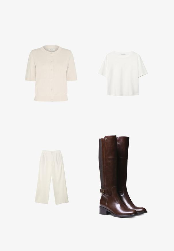 Kurzarm-Cardigan aus leichtem Beigestrick mit rundem Ausschnitt, vorderem Knopfverschluss und geripptem Saum sowie Ärmelbündchen.; Weißes T-Shirt mit kurzen Ärmeln aus Baumwolle. Hat einen Rundhalsausschnitt und eine lockere Passform. Glatte Textur ohne sichtbare Muster oder Akzente.; Helle Stoffhose mit weitem Bein und glatter Textur, ausgestattet mit einem einzelnen Knopf vorne, dezenten Falten und einem Hochbund-Design.; Braune Lederstiefel bis zum Knie mit glatter Oberfläche, kontrastierendem Stoffeinsatz, Schnalle am Knöchel und niedrigem Blockabsatz.