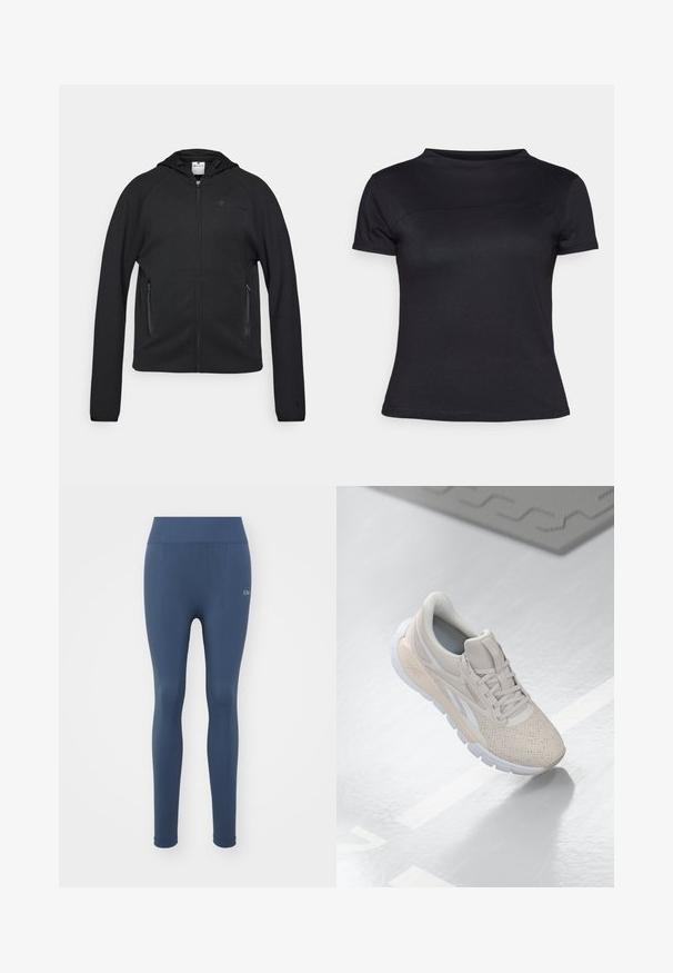 Champion C-TECH FULL ZIP HOODIE INTERLOCK - Jaka ar rāvējslēdzēju - black; Melna T-krekls ar īsām piedurknēm, izgatavots no kokvilnas maisījuma auduma, ar apaļu kakla izgriezumu un gludu tekstūru, bez redzamām emblēmām vai rakstiem.; Jūras zilas legingi, kas izgatavoti no elastīga, teksturēta auduma. Piedāvā augstu jostasviedu un logotipa detalizāciju kreisajā augšstilbā. Gluda virsma.; Gai bēša sporta apavi ar caurumiņiem augšdaļā, teksturētiem akcentiem, mīkstu apkakli un baltu gumijas zoli, kas paredzēti komfortam un gaisa caurlaidībai.