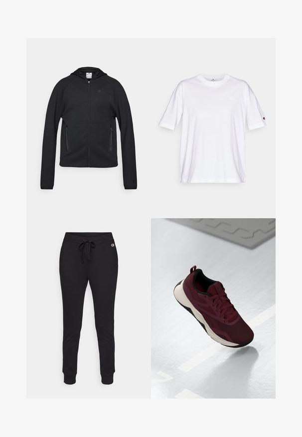 Champion C-TECH FULL ZIP HOODIE INTERLOCK - Sweatjacke - black; Weißes Baumwoll-T-Shirt mit Rundhalsausschnitt, kurzen Ärmeln und einem kleinen Logo auf der linken Brust. Verfügt über eine lockere Passform und eine einfarbige Gestaltung.; Schwarze Jogginghosen aus weichem Stoff, ausgestattet mit einem verstellbaren Kordelzugbund und gerippten Bündchen für einen enganliegenden Sitz. Logos an der Seite.; Maroon Sport-Schuh mit Mesh-Obermaterial, schwarzen Akzenten und einer gepolsterten weißen Sohle. Verfügt über Schnürverschluss und Lasche an der Ferse.