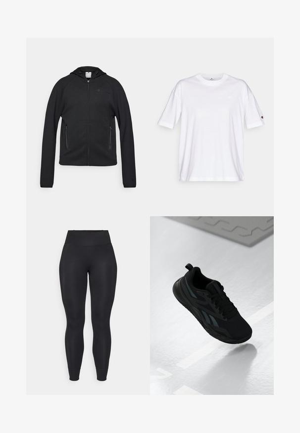 Champion C-TECH FULL ZIP HOODIE INTERLOCK - Felpa con zip - black; T-shirt bianca in cotone con colletto rotondo, maniche corte e un piccolo logo sul lato sinistro del petto. Presenta una vestibilità comoda e un colore uniforme.; Leggings neri realizzati in tessuto elasticizzato, con vita alta, gambe affusolate e orli a taglio vivo, caratterizzati da una texture liscia e opaca.; Scarpa sportiva nera con tomaia in rete, caratterizzata da accenti testurizzati e una suola piatta. Include un marchio tonale e un passante sul tallone.