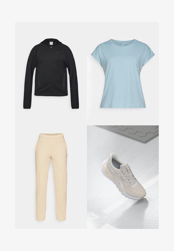 Champion C-TECH FULL ZIP HOODIE INTERLOCK - Jaka ar rāvējslēdzēju - black; Gaiši zila īsām piedurknēm T-kreklā, kas izgatavots no mīksta auduma. Iezīmē apļveida kakla izgriezumu, brīvu piegriezumu un nostiprinātas maliņas. Nav rakstu vai dekorācijām.; Beige kokvilnas sporta bikses ar elastīgu jostasvietu, sānu kabatām un nelielu logotipa uzšuvumu uz kreisās kājas. Gluda tekstūra un sašaurināts piegriezums.; Gai bēša sporta apavi ar caurumiņiem augšdaļā, teksturētiem akcentiem, mīkstu apkakli un baltu gumijas zoli, kas paredzēti komfortam un gaisa caurlaidībai.