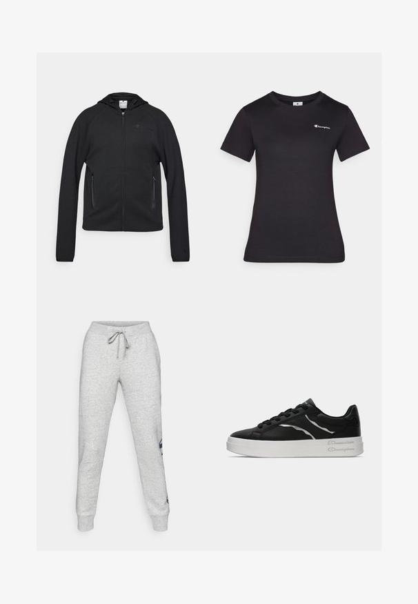 Champion C-TECH FULL ZIP HOODIE INTERLOCK - Tröja med dragkedja - black; Svart kortärmad t-shirt i bomull, med en liten broderad logotyp på bröstet. Klassisk rundhalsad design med mjuk textur.; Grå bomullsoveraller med dragsnöre i midjan, tapered muddar och en marinblå logotyp tryckt på vänster sida. Slät, mjuk textur.; Svarta lädersneakers med vit sula, med tunna silverdetaljer och snördesign. Slät textur med varumärkesdetaljer på hälen.