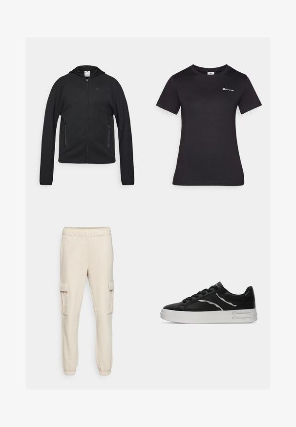 Champion C-TECH FULL ZIP HOODIE INTERLOCK - Camisola com fecho - black; Camiseta preta de manga curta feita de algodão, com um pequeno logótipo bordado no peito. Design clássico de gola redonda com uma textura suave.; Calças de cargo bege feitas de um tecido suave, com um cós elástico, dois bolsos laterais e punhos em malha nos tornozelos.; Sapatilha de couro preta com sola branca, apresentando finos realces em prata e design com atacadores. Textura suave com detalhamento de marca na parte de trás.