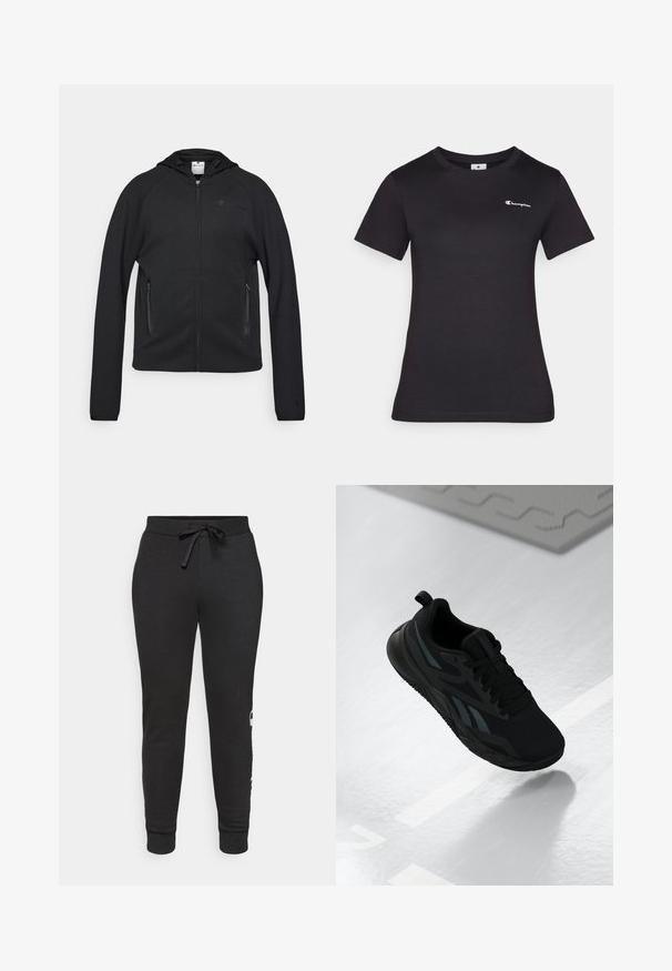 Champion C-TECH FULL ZIP HOODIE INTERLOCK - Vetoketjullinen college - black; Musta lyhythihainen t-paita, joka on valmistettu puuvillasta ja jossa on pieni brodeerattu logo rinnassa. Klassinen pyöreä pääntie ja pehmeä rakenne.; Mustat läpikuultavat jogger-housut, joissa on nyörivyö, valmistettu pehmeästä kankaasta. Siinä on ribbauslahkeet ja painettu logodetalji sivussa.; Musta urheilukenkä, jossa on verkkokangas, ja siinä on tekstuuriakcentteja sekä tasainen pohjamuoto. Sisältää tonalisointibrändin ja vetolenkin kantapäässä.