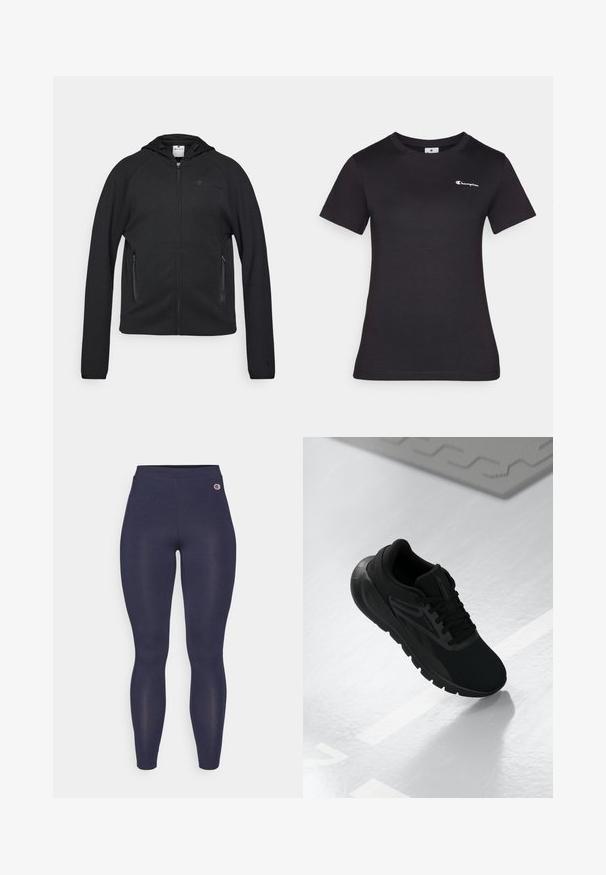 Champion C-TECH FULL ZIP HOODIE INTERLOCK - Camisola com fecho - black; Camiseta preta de manga curta feita de algodão, com um pequeno logótipo bordado no peito. Design clássico de gola redonda com uma textura suave.; Leggings azul marinho feitos de um tecido elástico, apresentando uma cintura alta e um pequeno logótipo junto ao quadril. Sem padrões ou texturas visíveis.; Shoe desportivo preto com upper em malha, biqueira redonda, sola almofadada e detalhes texturizados, posicionado sobre uma superfície branca lisa.