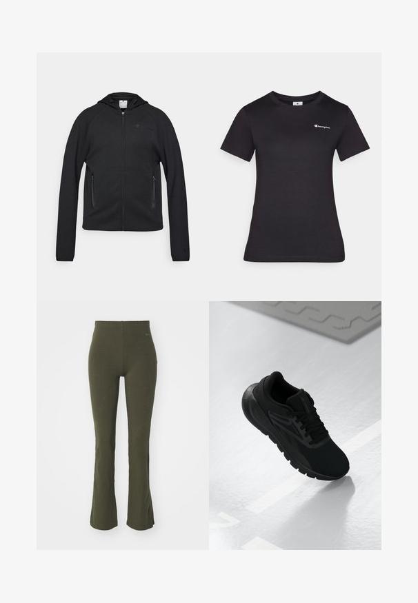 Champion C-TECH FULL ZIP HOODIE INTERLOCK - Mikina so zipsom - black; Čierne tričko s krátkym rukávom vyrobené z bavlny, s malým vyšitým logom na hrudi. Klasický dizajn s okrúhlym výstrihom a jemnou textúrou.; Champion TECH FLARE LEGGINGS - Legíny - dark green; Čierna atletická obuv s sieťovaným vrchom, okrúhlou špičkou, polstrovanou podrážkou a textúrovanými detailami, umiestnená na hladkom bielom povrchu.