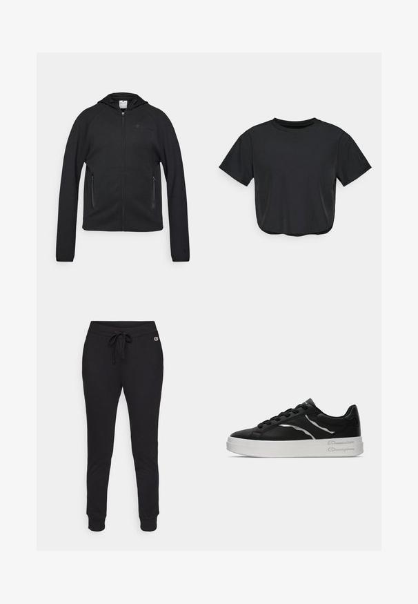 Champion C-TECH FULL ZIP HOODIE INTERLOCK - Športna jopa s kapuco na zadrgo - black; Črna skrajšana majica z mehkega materiala, s krožnim izrezom, kratkimi rokavi in udobnim krojem. Diskretni šivni detajli.; Črne trenirke iz mehkega materiala, z nastavljivim pasom na vezalko in rebrastimi manšetami za tesen oprijem. Logotipi ob strani.; Črne usnjene teniske z belo podlogo, ki imajo tanke srebrne akcenta in vezalni dizajn. Gladka tekstura s logotipom na peti.