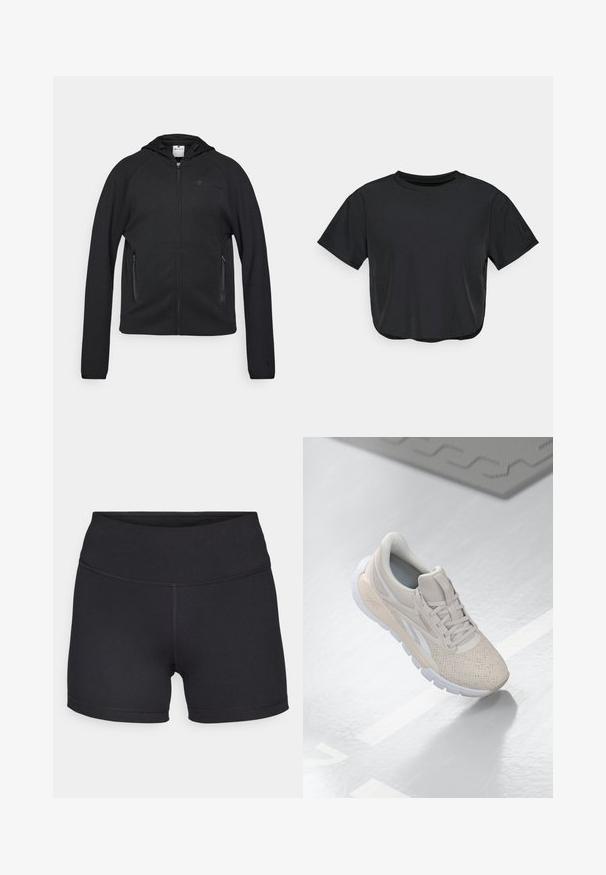 Champion C-TECH FULL ZIP HOODIE INTERLOCK - Sweatjakke - black; Svart croppet t-skjorte laget av mykt materiale, med rund halsutskjæring, korte ermer og en avslappet passform. Subtile sømdetaljer.; Champion TRAINING SOFT TOUCH BIKER SHORTS - Tights - black; Lys beige treningssko med perforert overdel, teksturerte detaljer, polstret krage og hvit gummisåle, designet for komfort og pusteegenskaper.