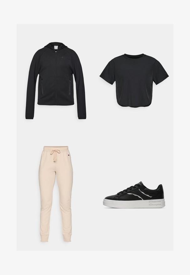 Champion C-TECH FULL ZIP HOODIE INTERLOCK - Sweater met rits - black; Zwarte cropped t-shirt van zacht materiaal, met een ronde halslijn, korte mouwen en een ontspannen pasvorm. Subtiele stikdetails.; Beige sweatpants met een elastische tailleband, trekkoord en ribbelmanchetten. Heeft een klein logo aan de linkerkant nabij de tailleband.; Zwarte leren sneaker met witte zool, voorzien van dunne zilveren accenten en een vetersluiting. Gladde textuur met merkdetails op de hiel.